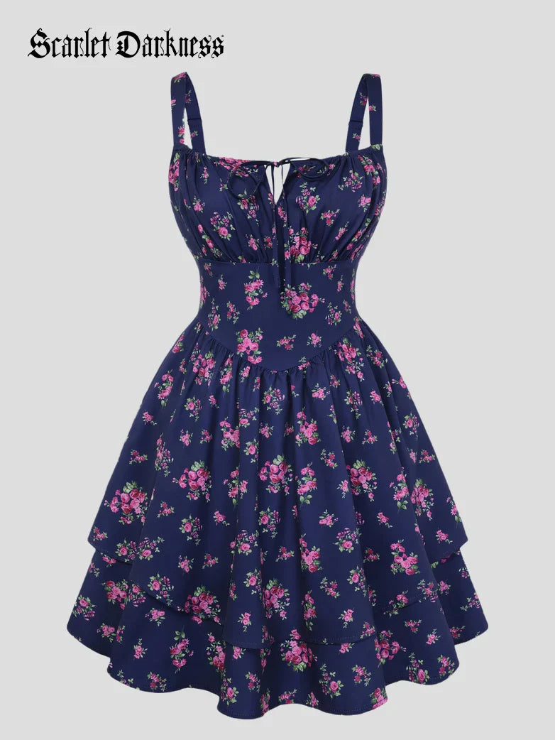 Women Summer Floral Puffy Corset Dress