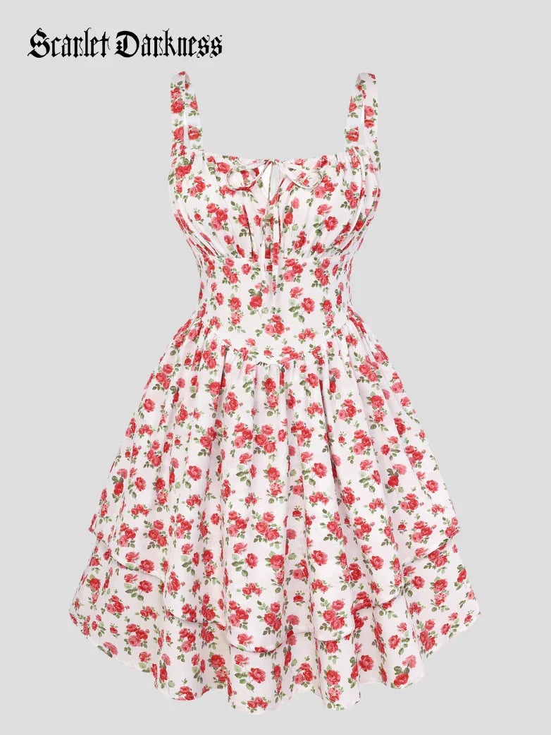 Women Summer Floral Puffy Corset Dress