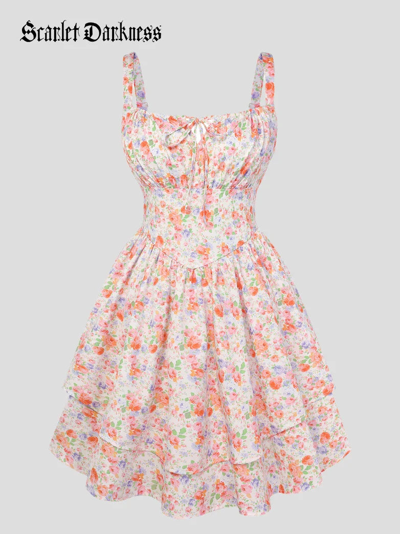 Women Summer Floral Puffy Corset Dress