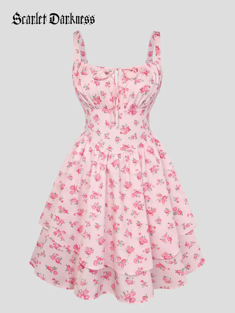 Women Summer Floral Puffy Corset Dress