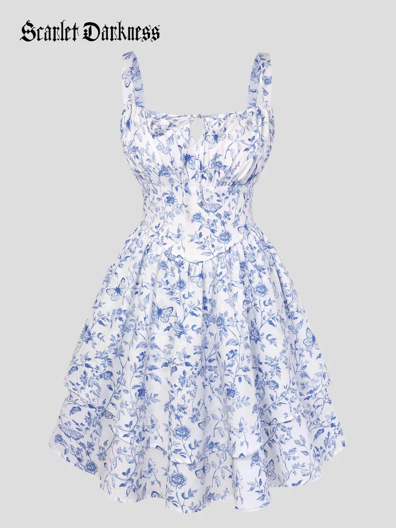 Women Summer Floral Puffy Corset Dress