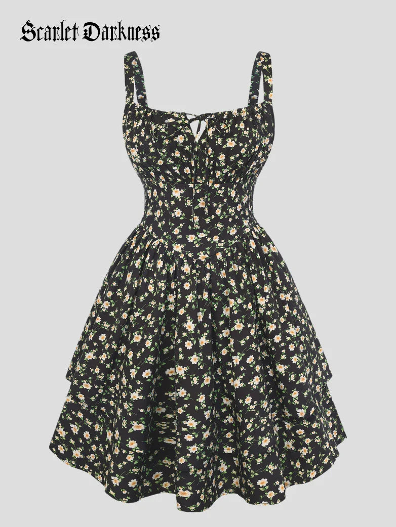 Women Summer Floral Puffy Corset Dress
