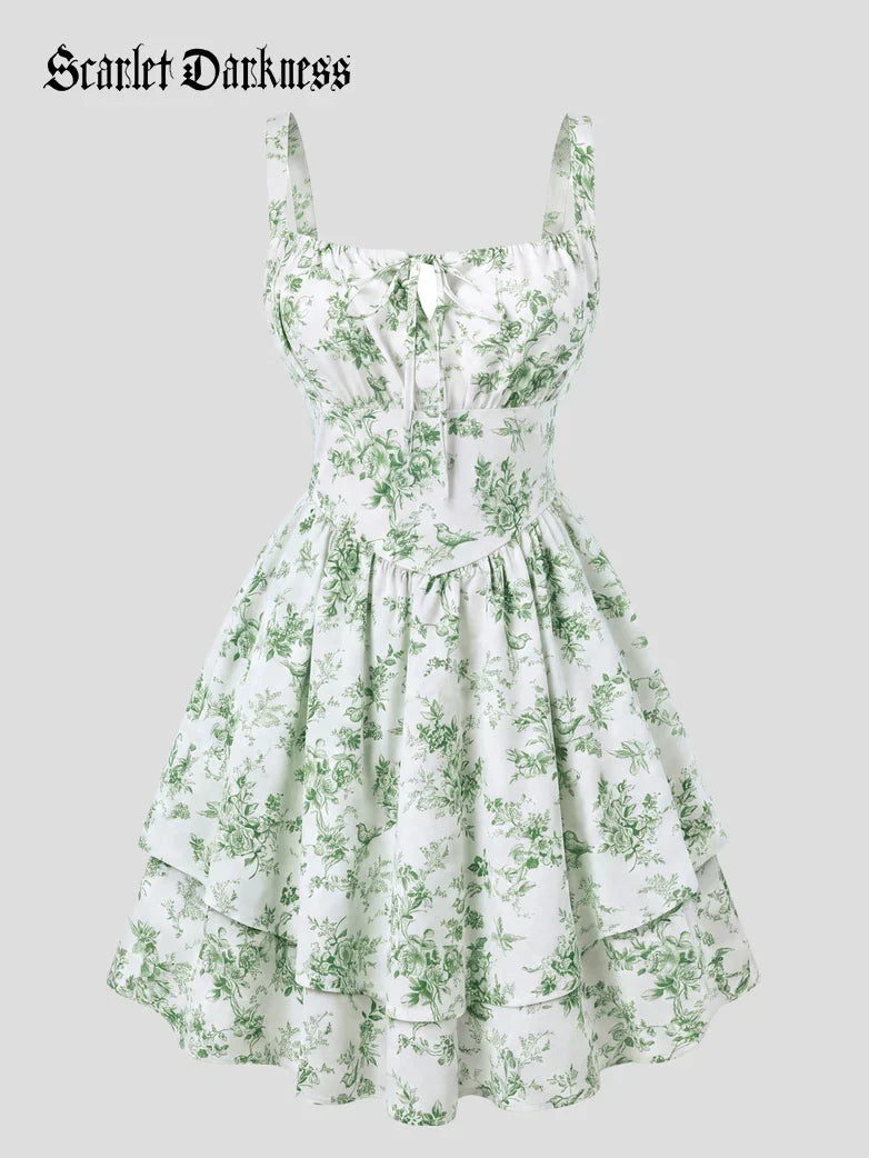 Women Summer Floral Puffy Corset Dress