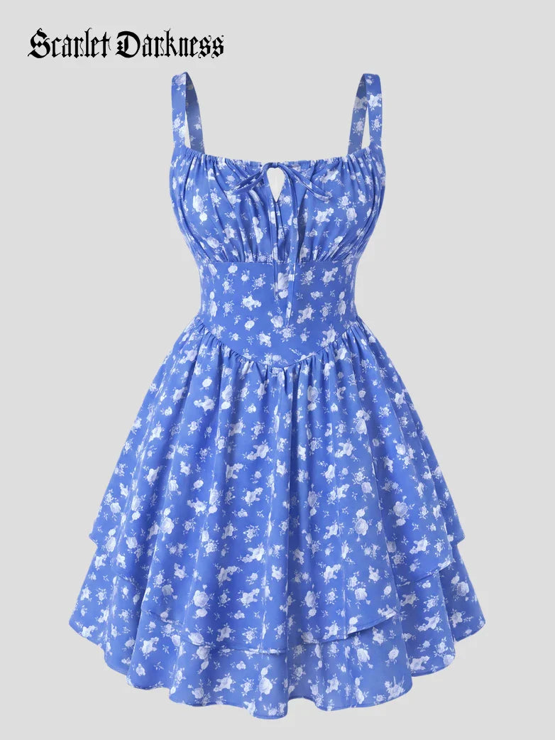 Women Summer Floral Puffy Corset Dress
