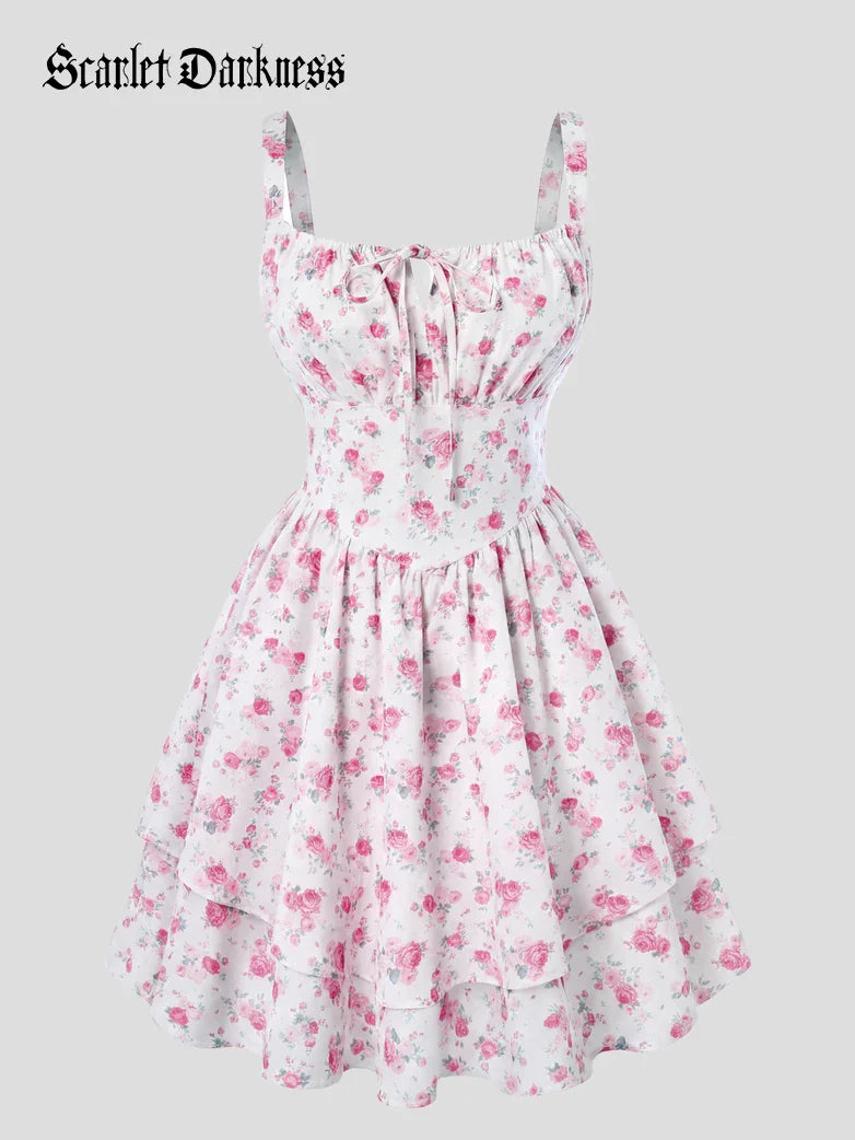 Women Summer Floral Puffy Corset Dress