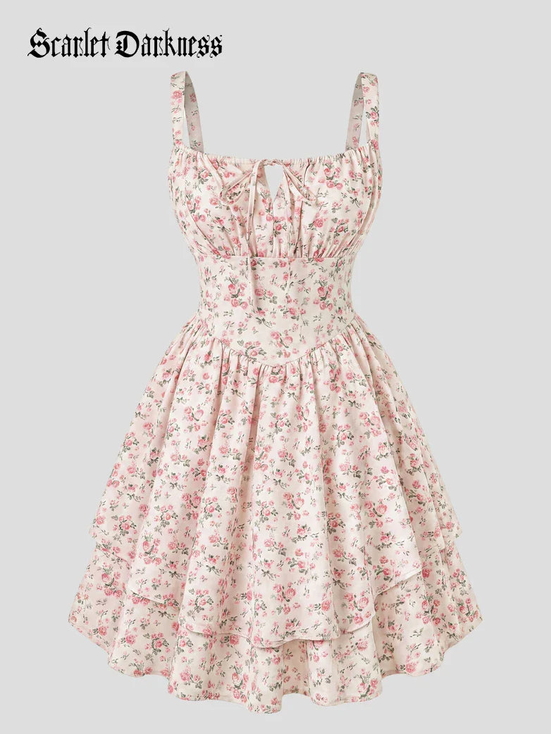 Women Summer Floral Puffy Corset Dress