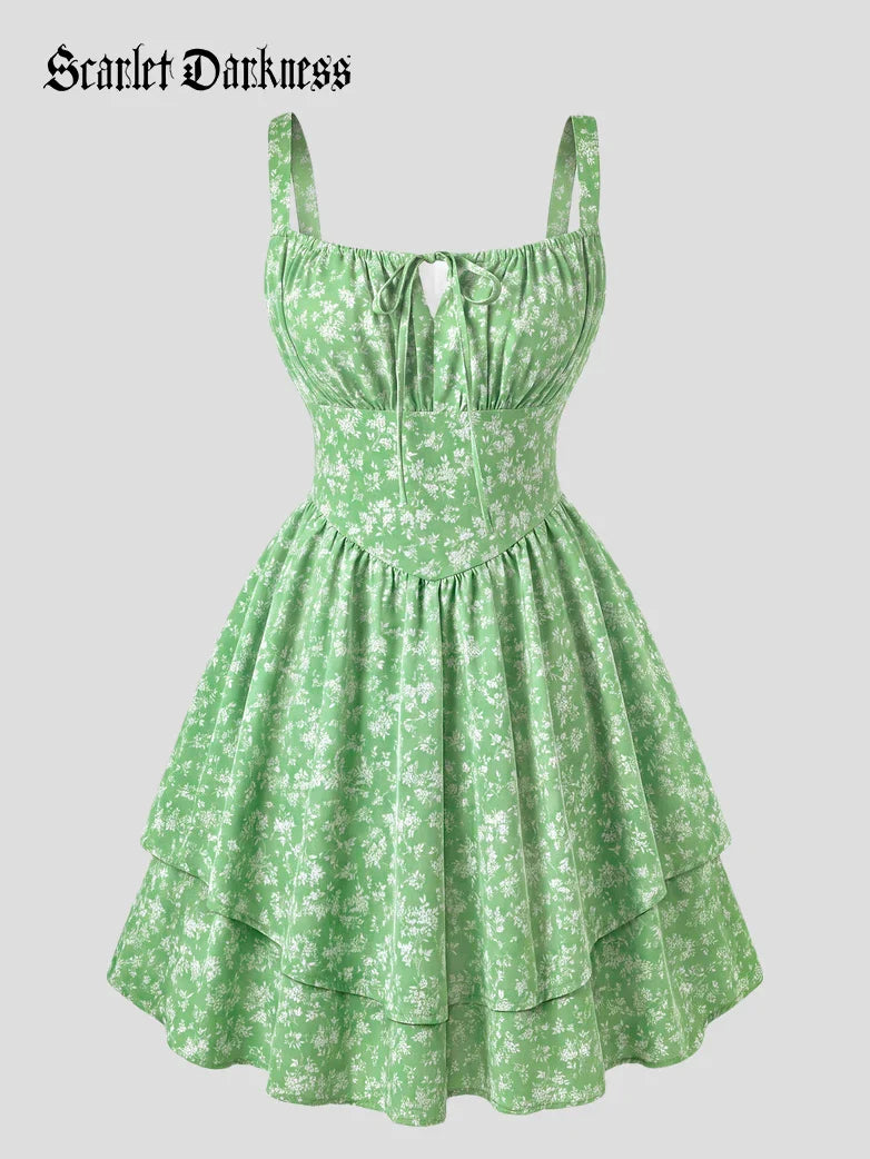 Women Summer Floral Puffy Corset Dress