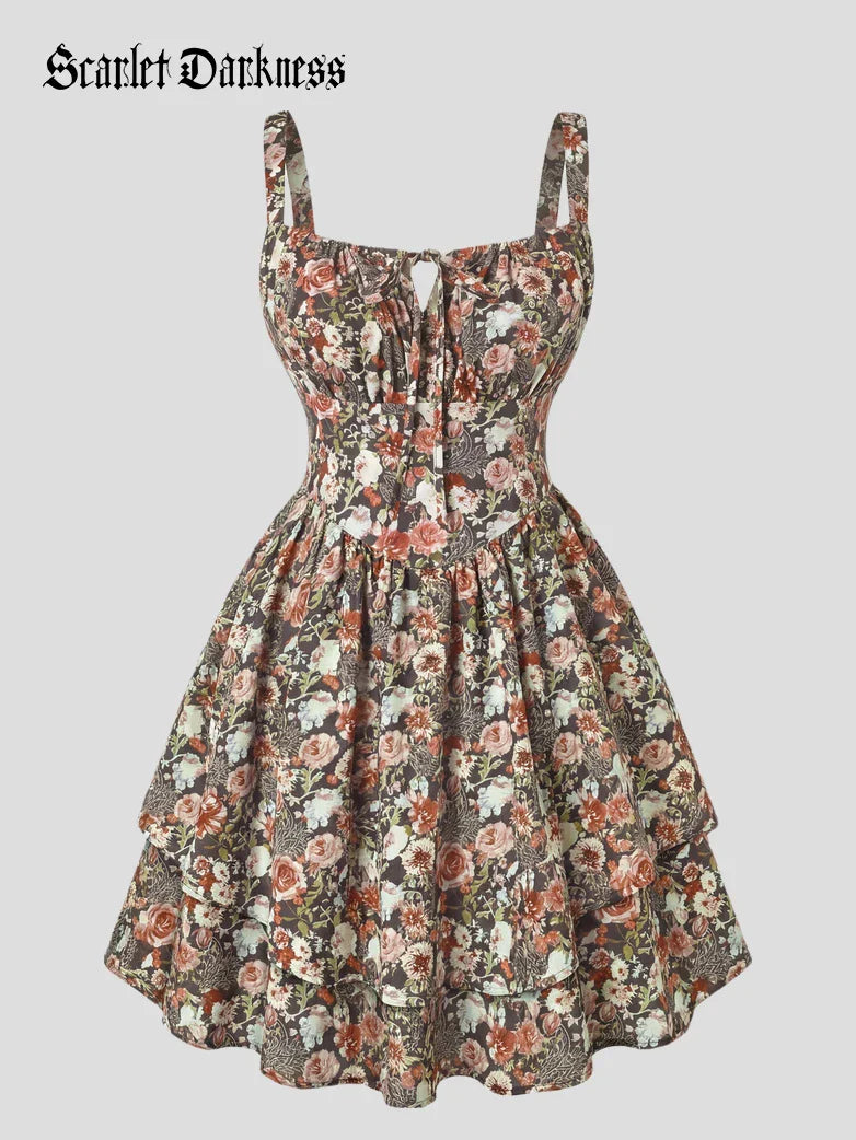 Women Summer Floral Puffy Corset Dress