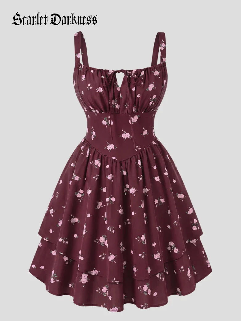 Women Summer Floral Puffy Corset Dress