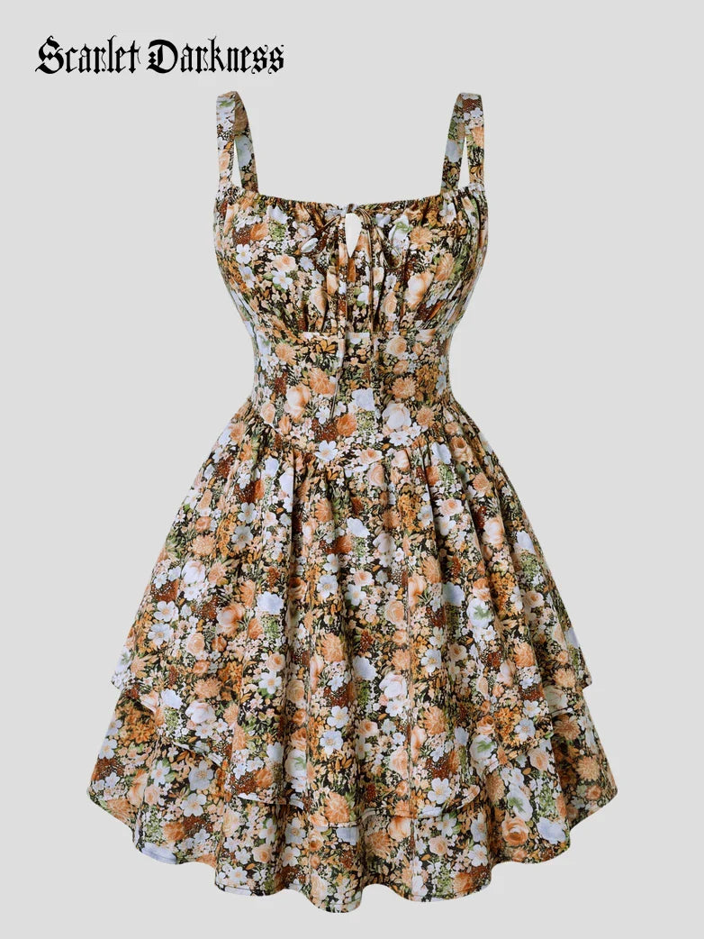 Women Summer Floral Puffy Corset Dress