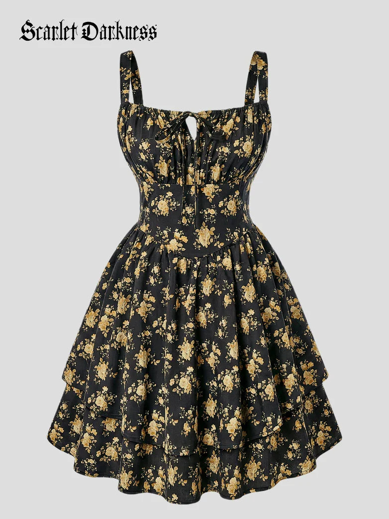 Women Summer Floral Puffy Corset Dress