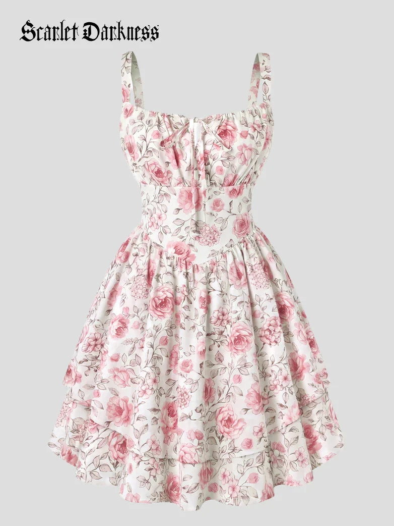 Women Summer Floral Puffy Corset Dress