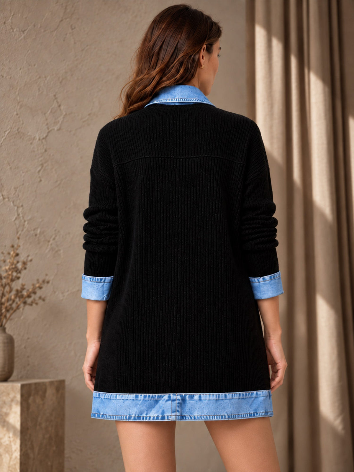 ¡50 % DE DESCUENTO! ⭐Renata| Elegante abrigo vaquero para mujer con inserto de punto acanalado