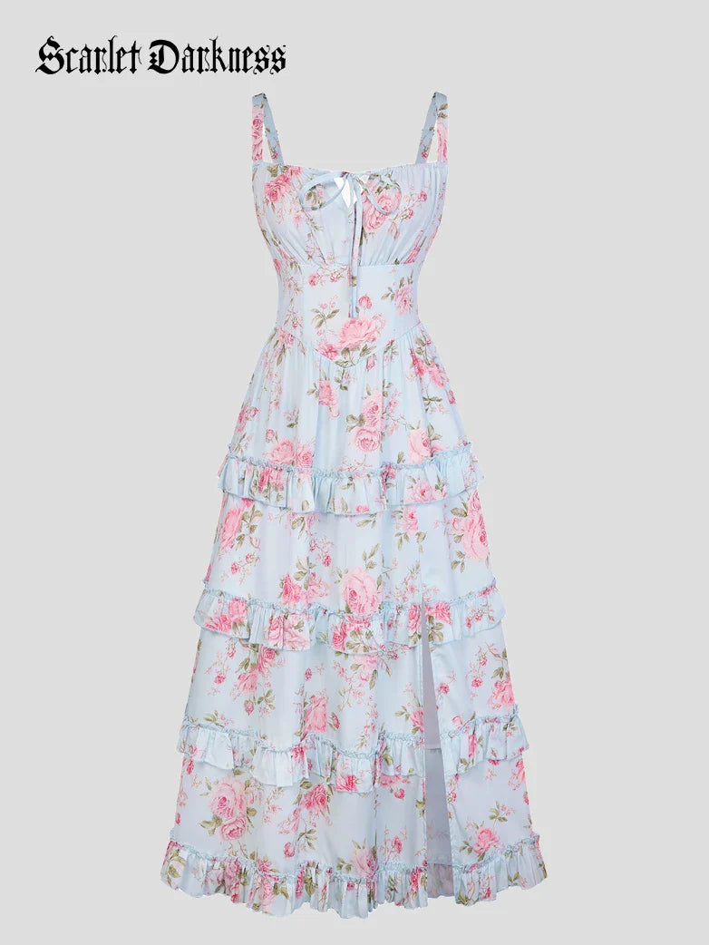 Valentine's Day Floral Summer Front Slit Pocket Dress