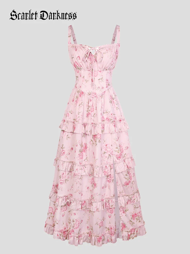 Valentine's Day Floral Summer Front Slit Pocket Dress