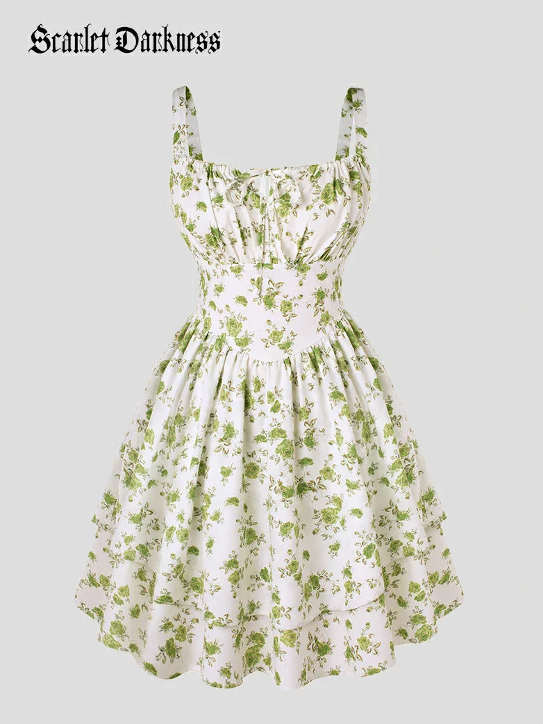 Women Summer Floral Puffy Corset Dress