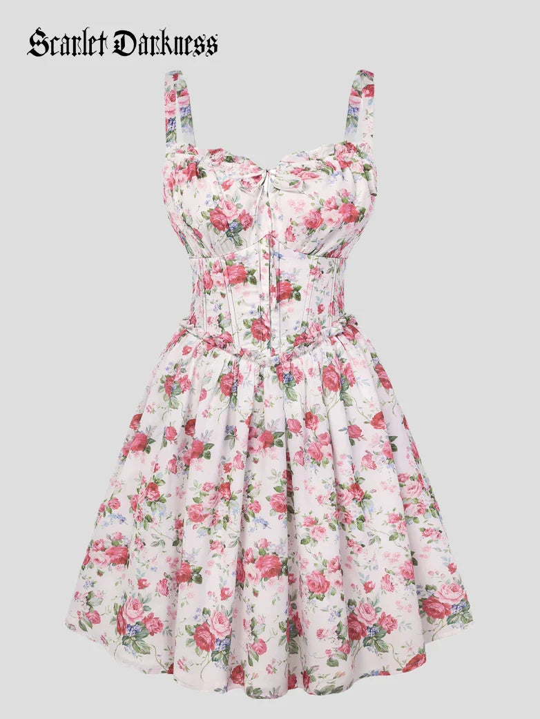 Victorian Floral Spring Corset Dress with Pockets