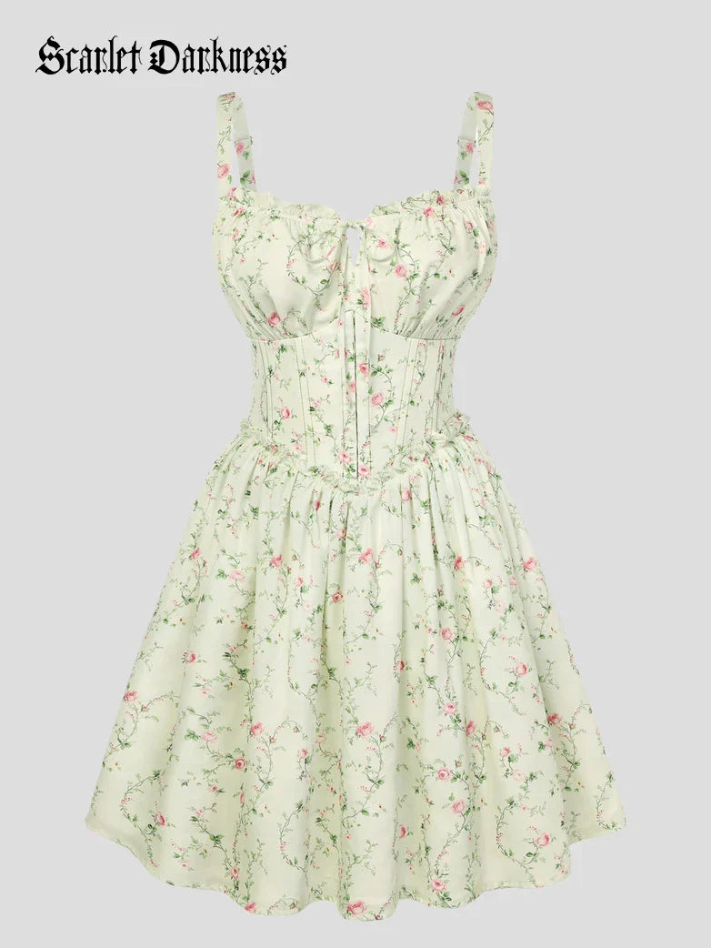 Victorian Floral Spring Corset Dress with Pockets
