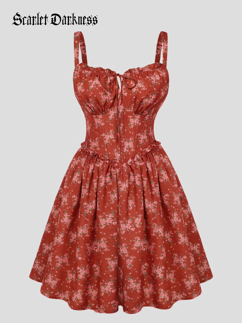 Victorian Floral Spring Corset Dress with Pockets