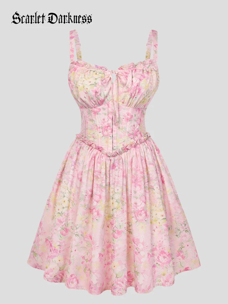 Victorian Floral Spring Corset Dress with Pockets