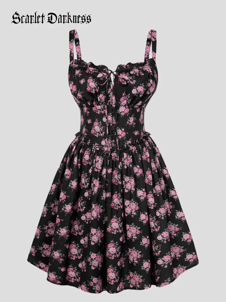 Victorian Floral Spring Corset Dress with Pockets