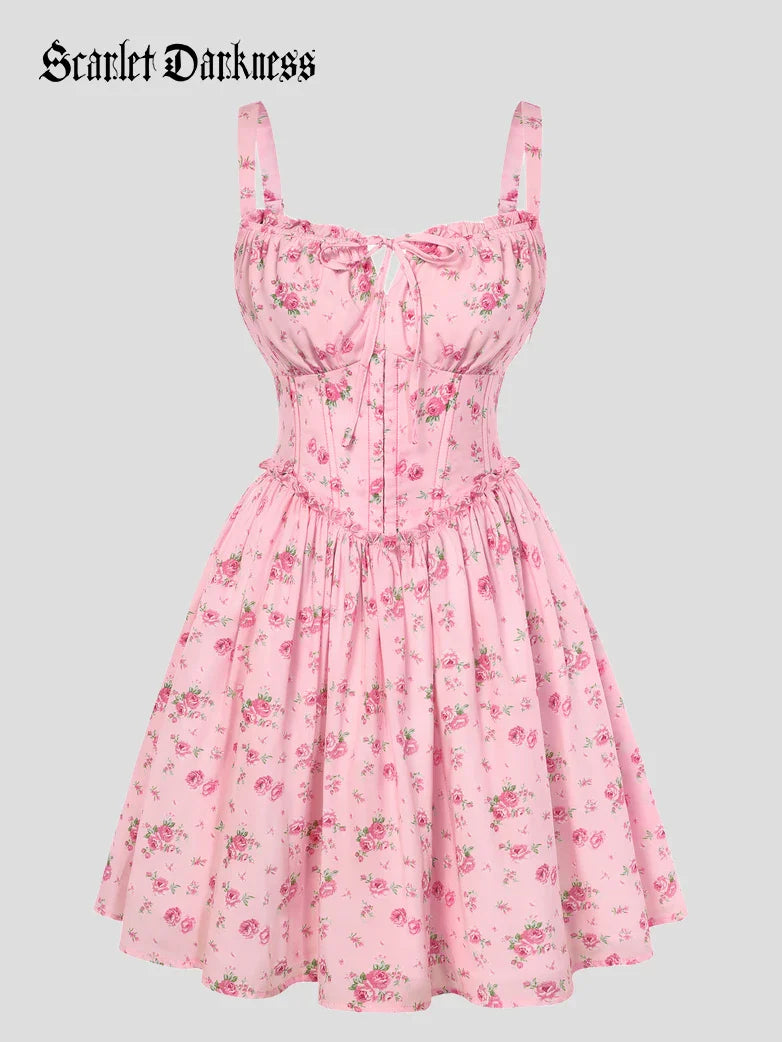 Victorian Floral Spring Corset Dress with Pockets