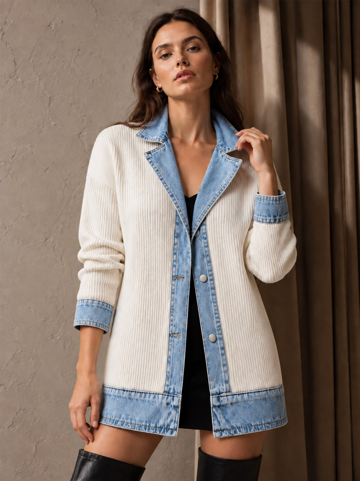 ¡50 % DE DESCUENTO! ⭐Renata| Elegante abrigo vaquero para mujer con inserto de punto acanalado