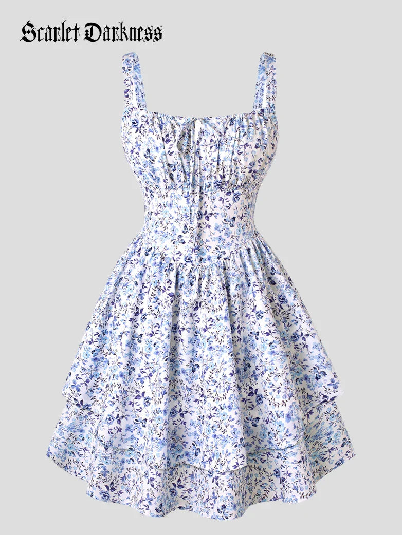 Women Summer Floral Puffy Corset Dress