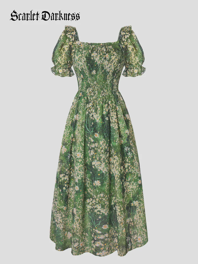 Bridgeton Puff sleeves Chiffon Pleated Pocket Dress