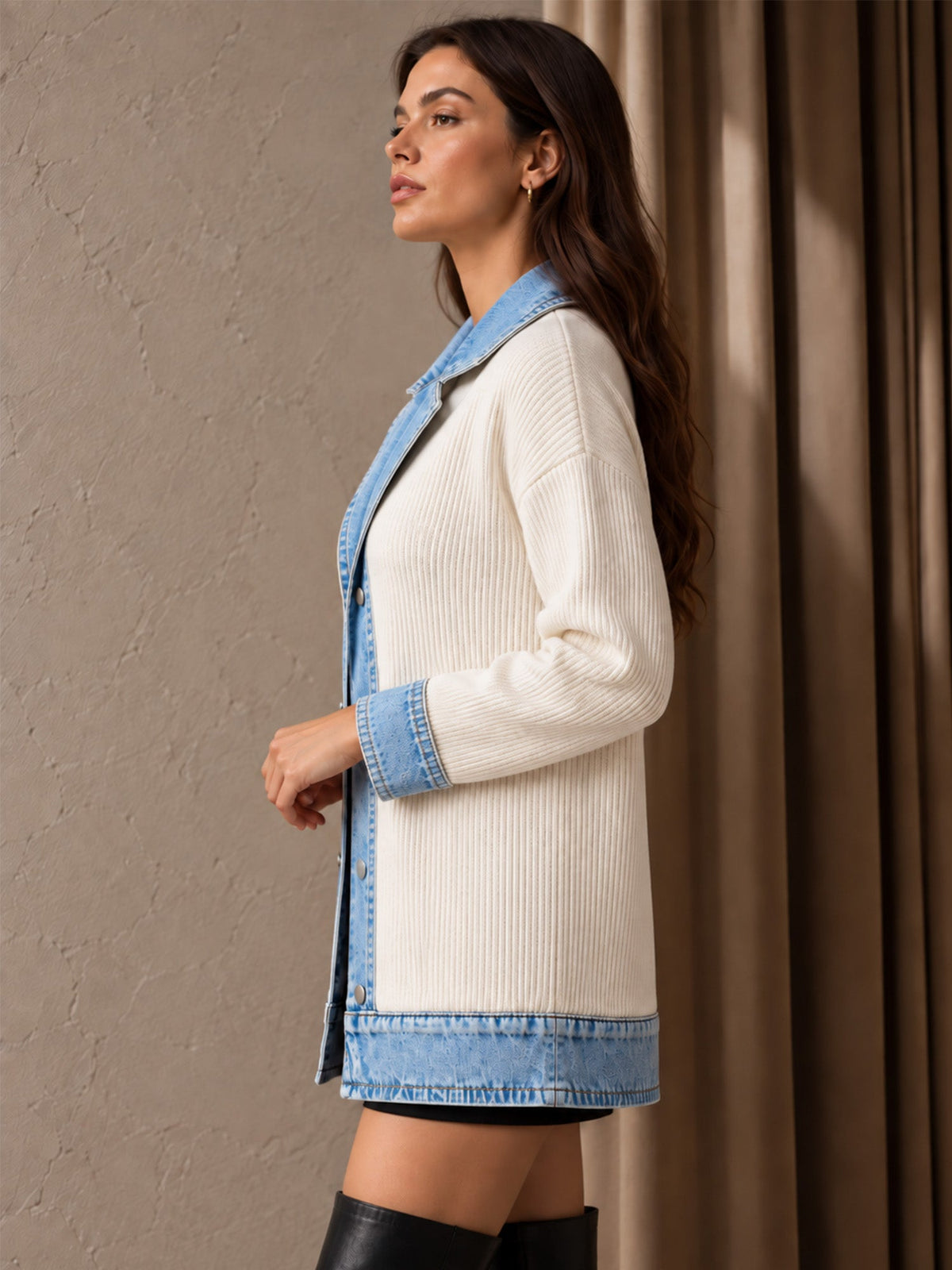 ¡50 % DE DESCUENTO! ⭐Renata| Elegante abrigo vaquero para mujer con inserto de punto acanalado