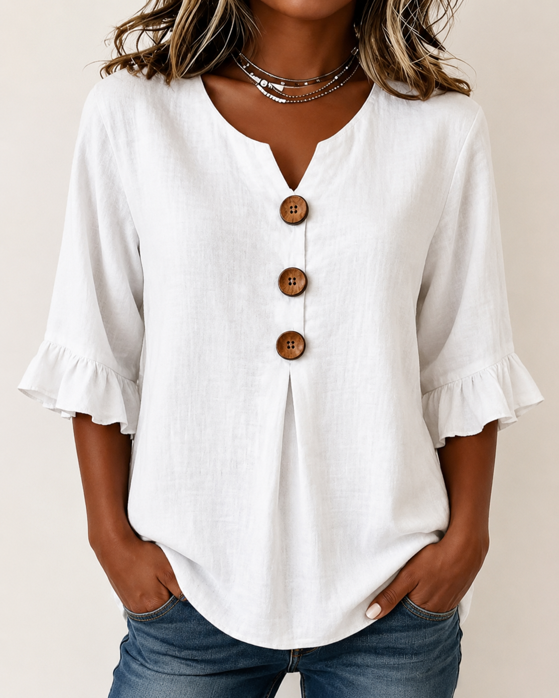 MARIA TERESA-Blusa de algodón y lino en color liso, con botones de madera y volantes