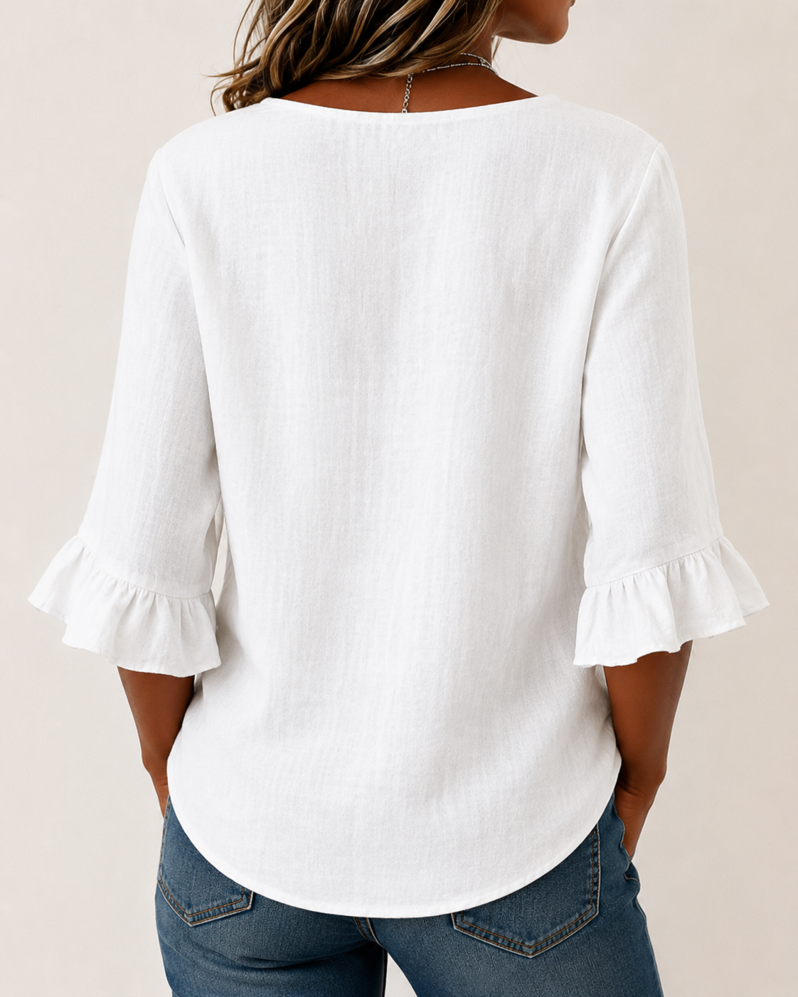 MARIA TERESA-Blusa de algodón y lino en color liso, con botones de madera y volantes