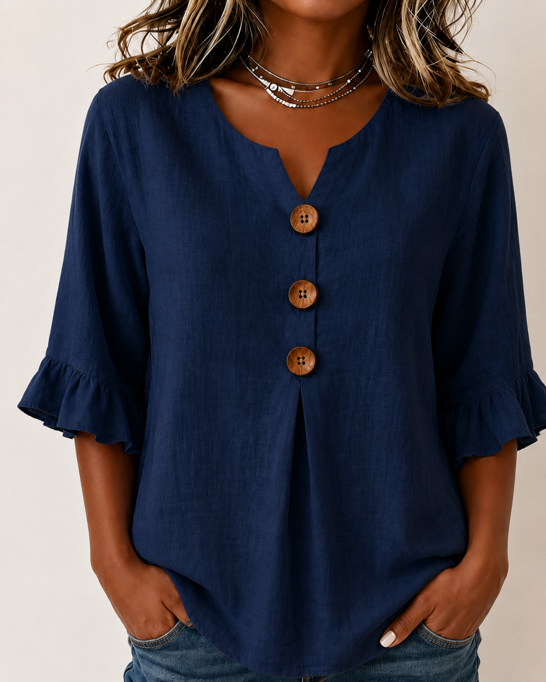 MARIA TERESA-Blusa de algodón y lino en color liso, con botones de madera y volantes
