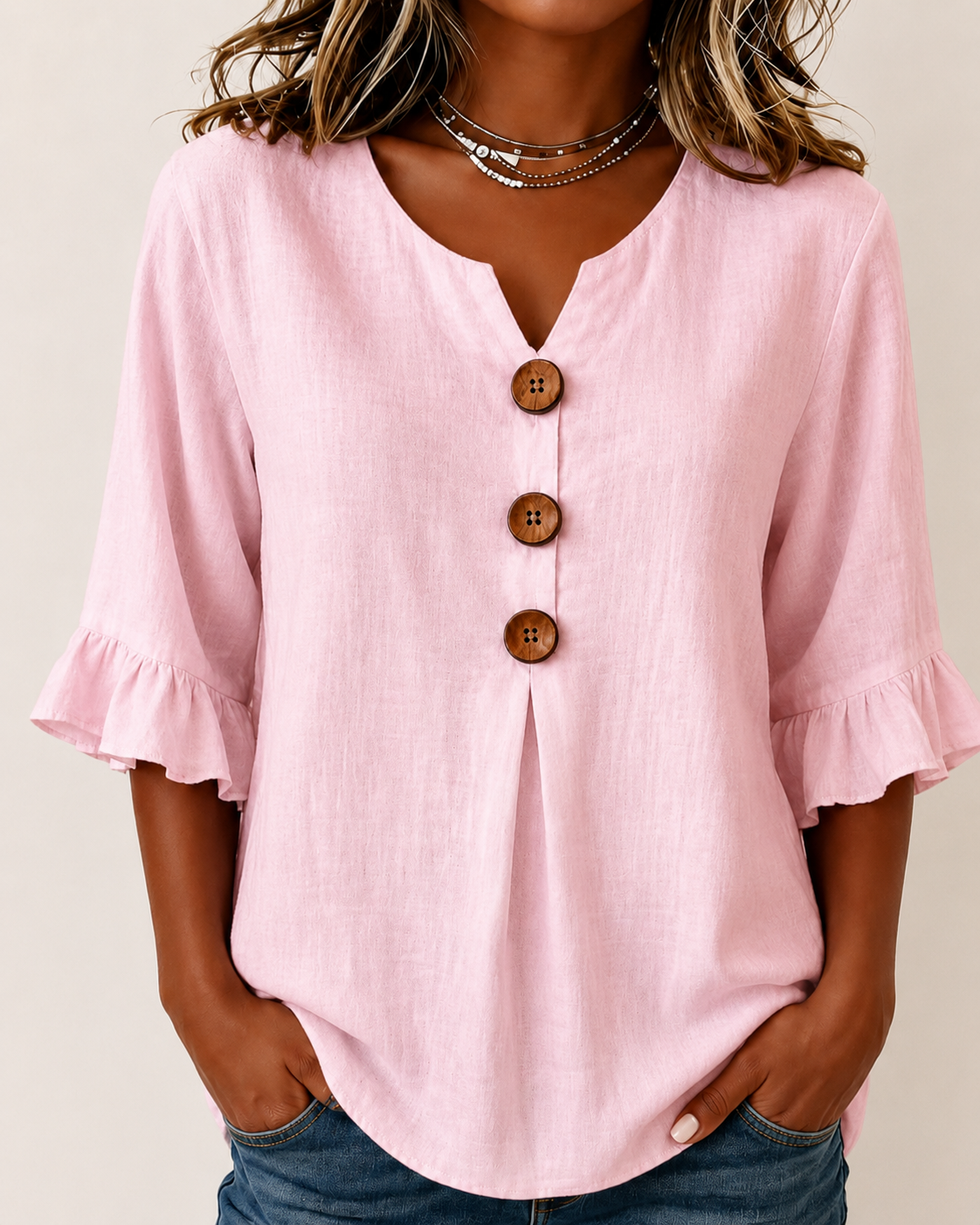 MARIA TERESA-Blusa de algodón y lino en color liso, con botones de madera y volantes