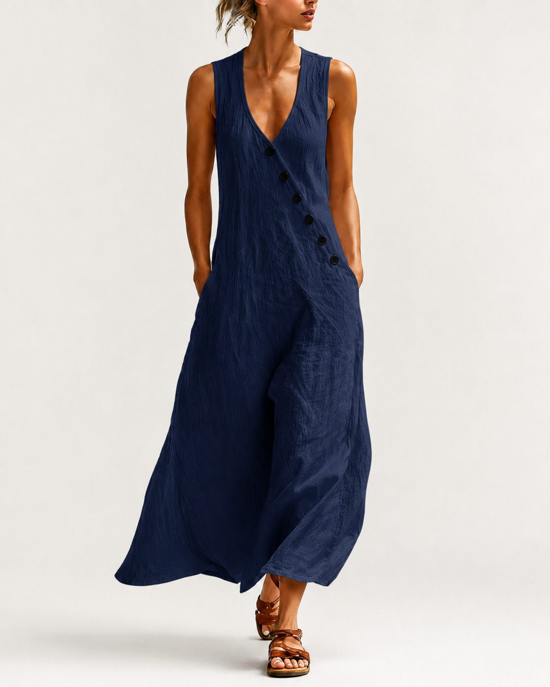 Esperanza-Vestido largo de algodón y lino con bolsillos y corte elegante