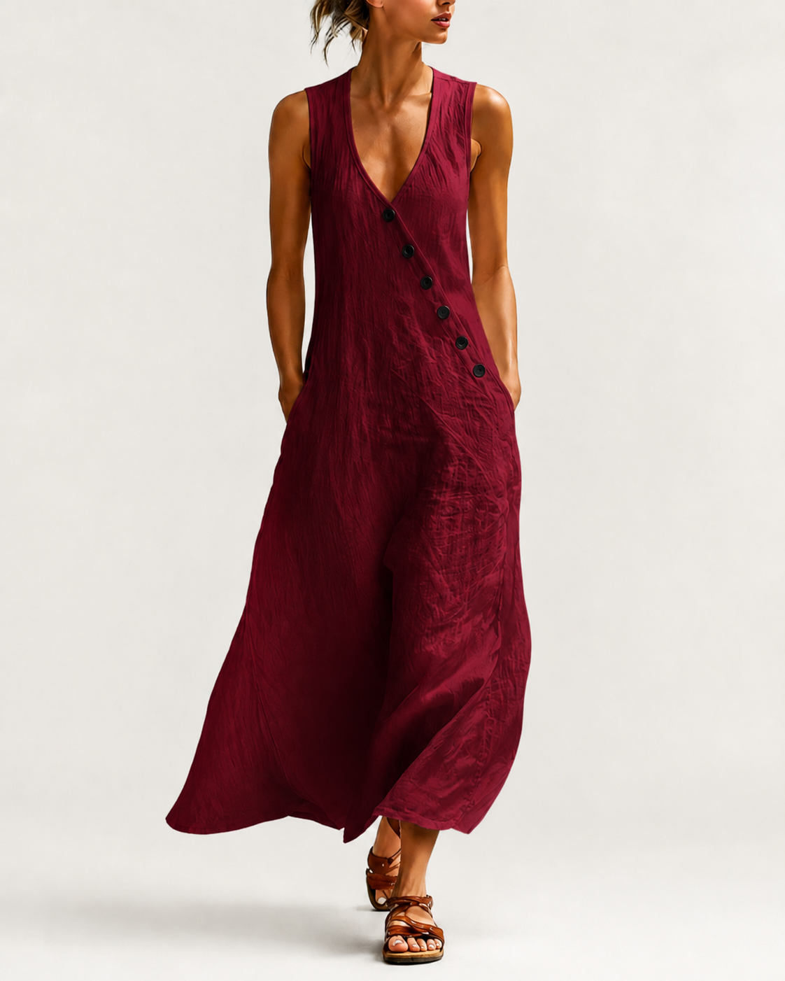 Esperanza-Vestido largo de algodón y lino con bolsillos y corte elegante