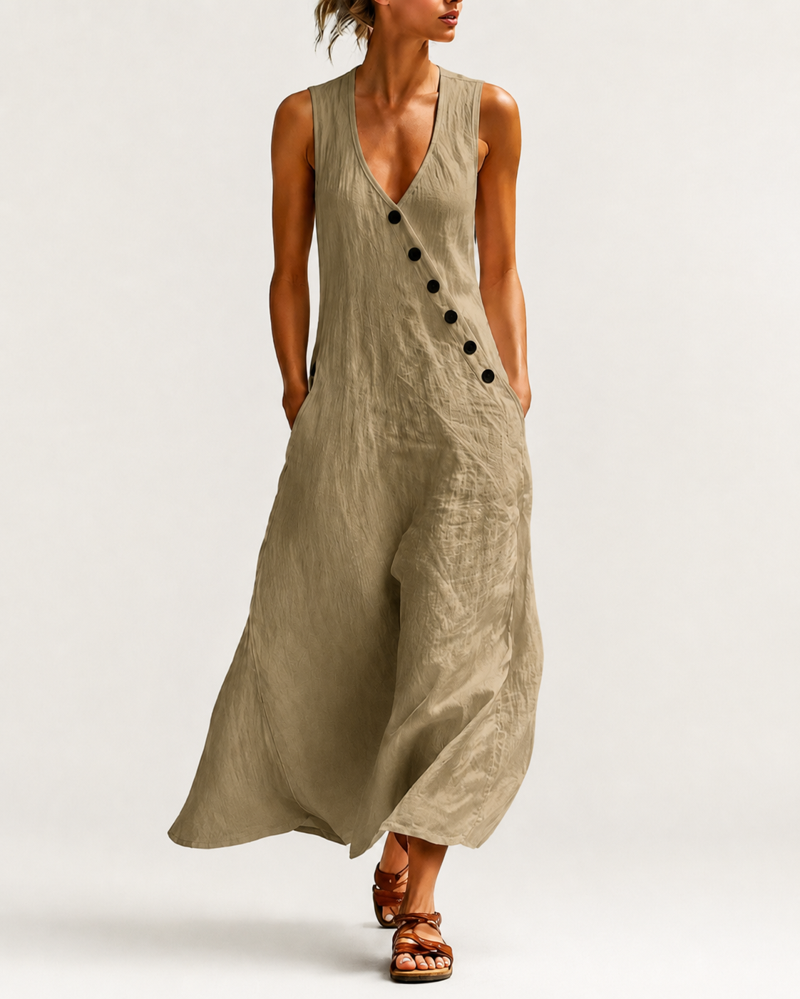 Esperanza-Vestido largo de algodón y lino con bolsillos y corte elegante
