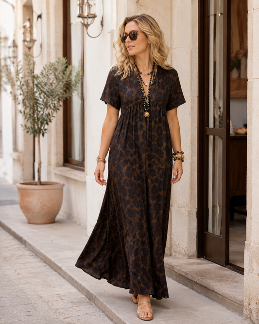 ZOE-Maxivestido de mujer con escote en V y estampado de leopardo.