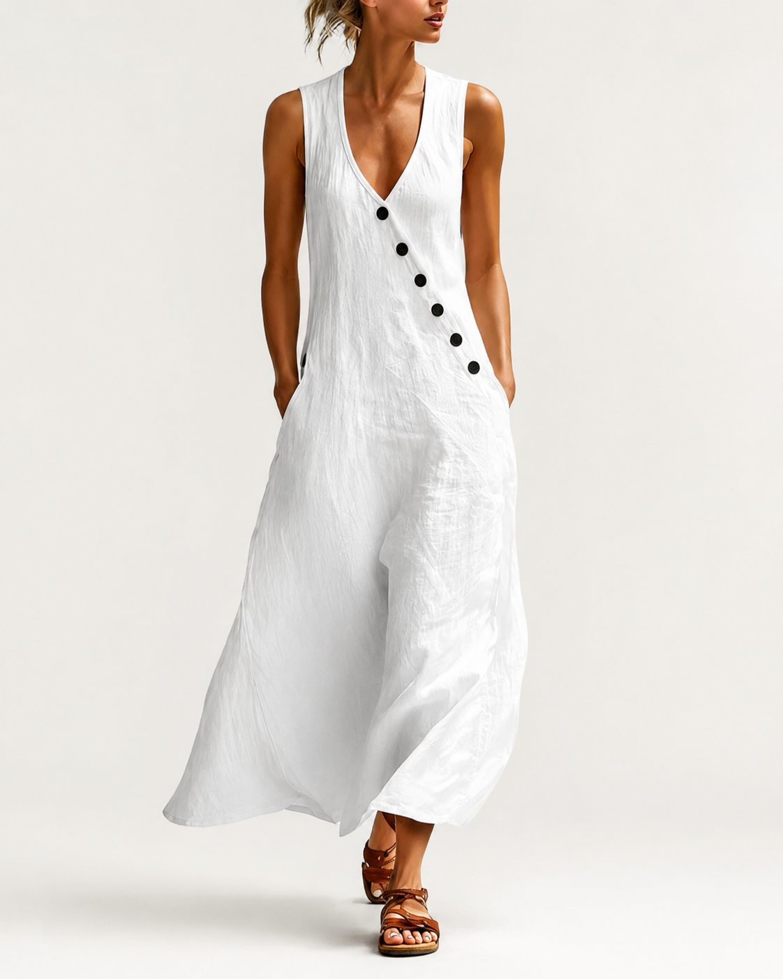 Esperanza-Vestido largo de algodón y lino con bolsillos y corte elegante