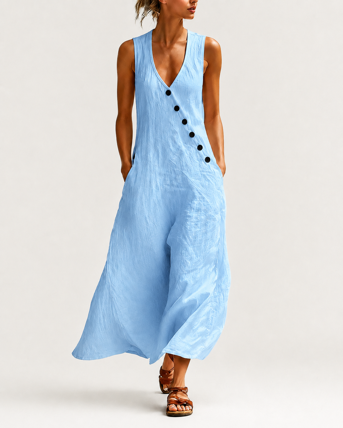 Esperanza-Vestido largo de algodón y lino con bolsillos y corte elegante