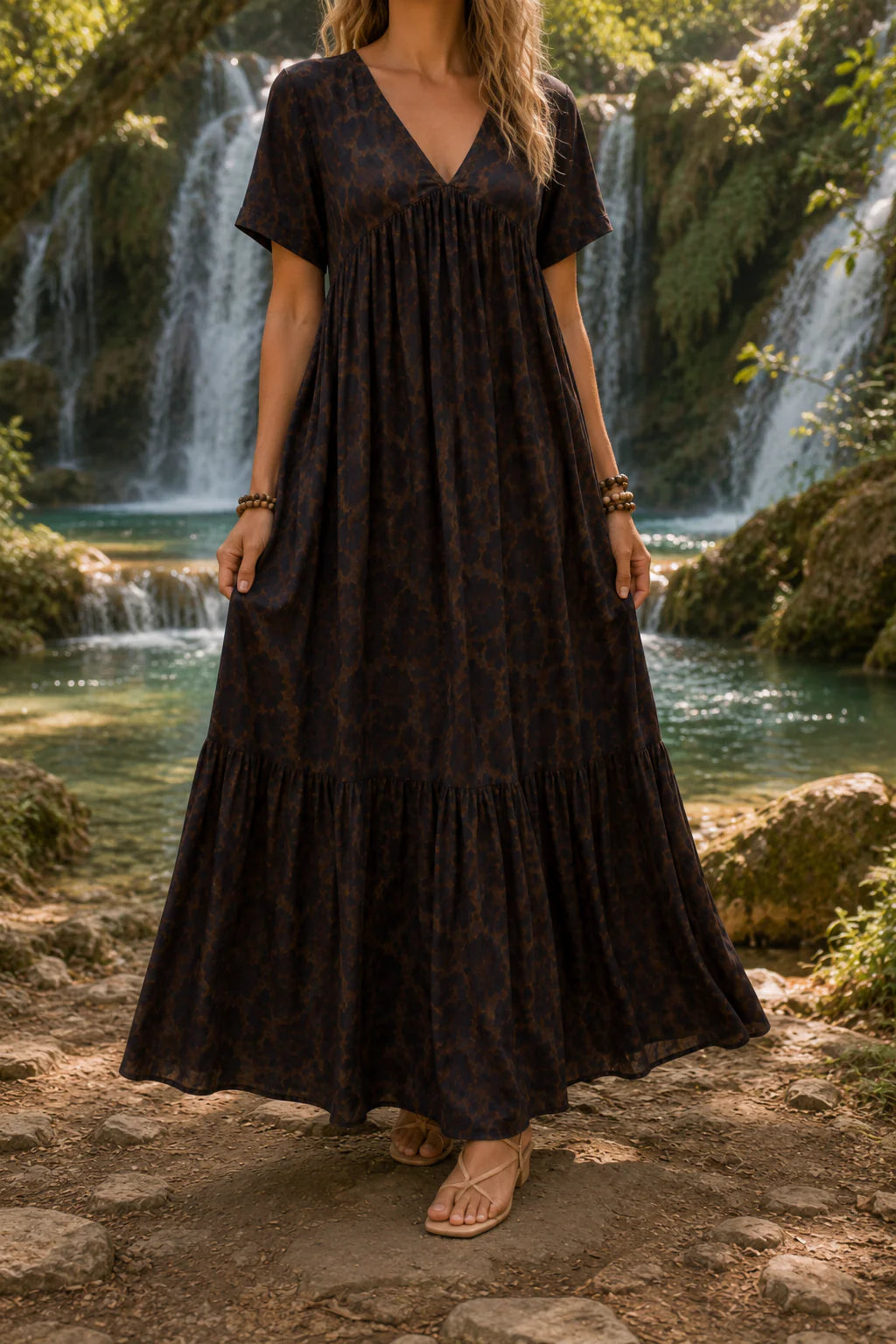 ZOE-Maxivestido de mujer con escote en V y estampado de leopardo.