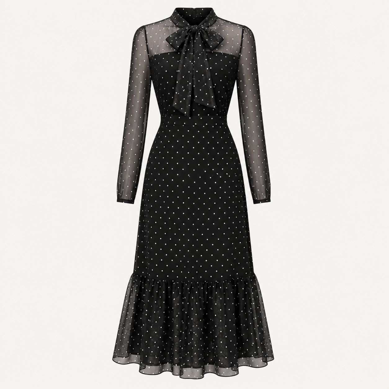 Adriana-Vestido midi de lunares con lazo elegante
