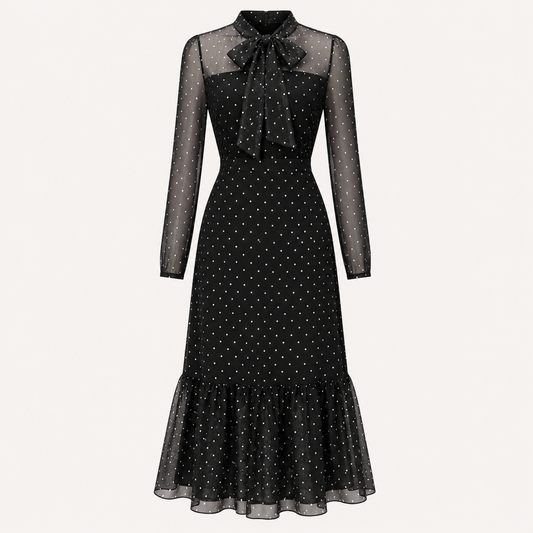 Adriana-Vestido midi de lunares con lazo elegante