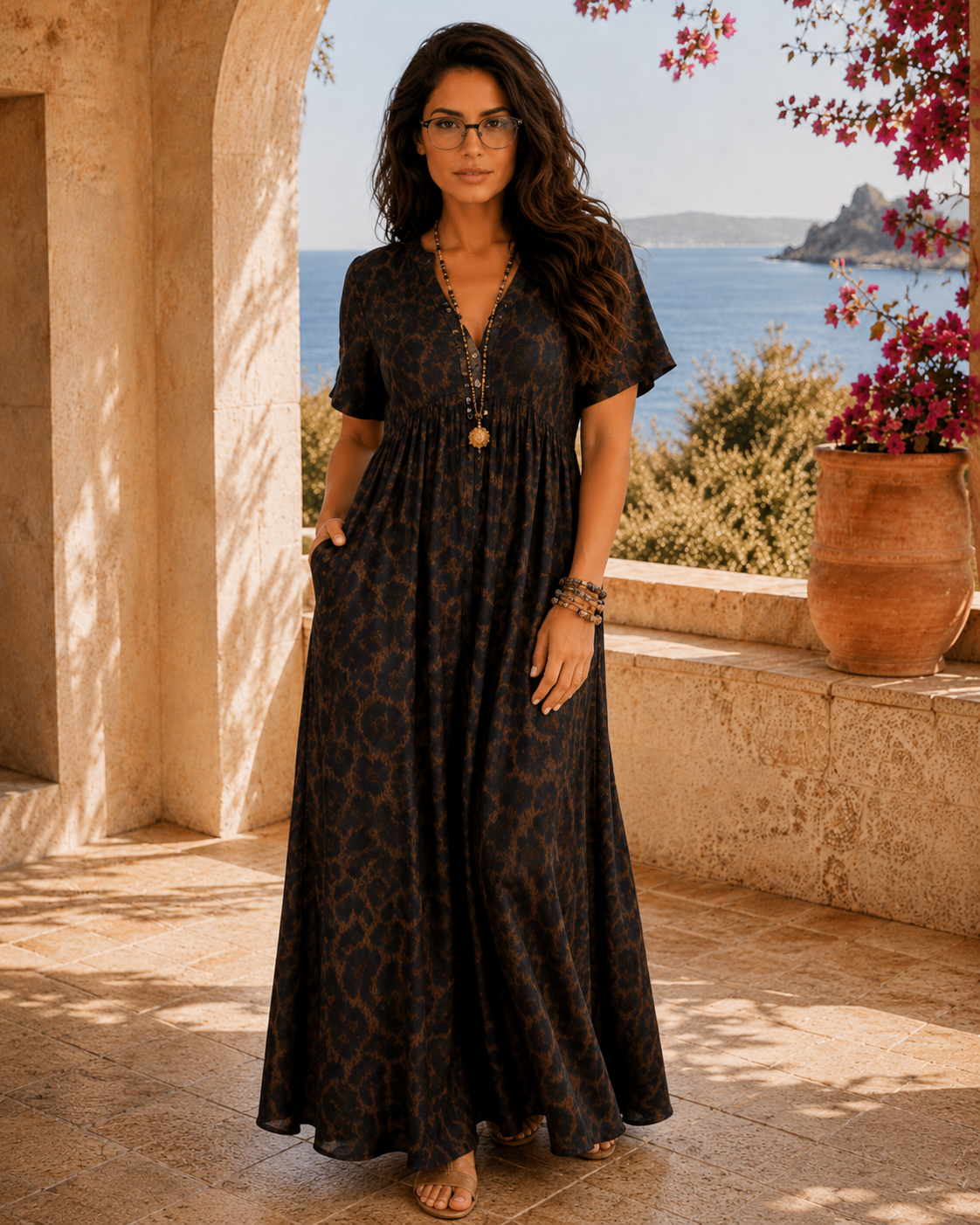 ZOE-Maxivestido de mujer con escote en V y estampado de leopardo.