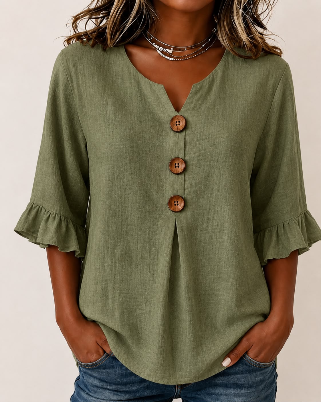 MARIA TERESA-Blusa de algodón y lino en color liso, con botones de madera y volantes