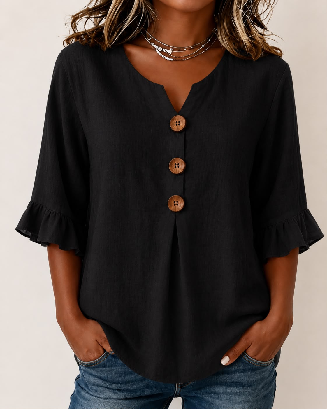 MARIA TERESA-Blusa de algodón y lino en color liso, con botones de madera y volantes