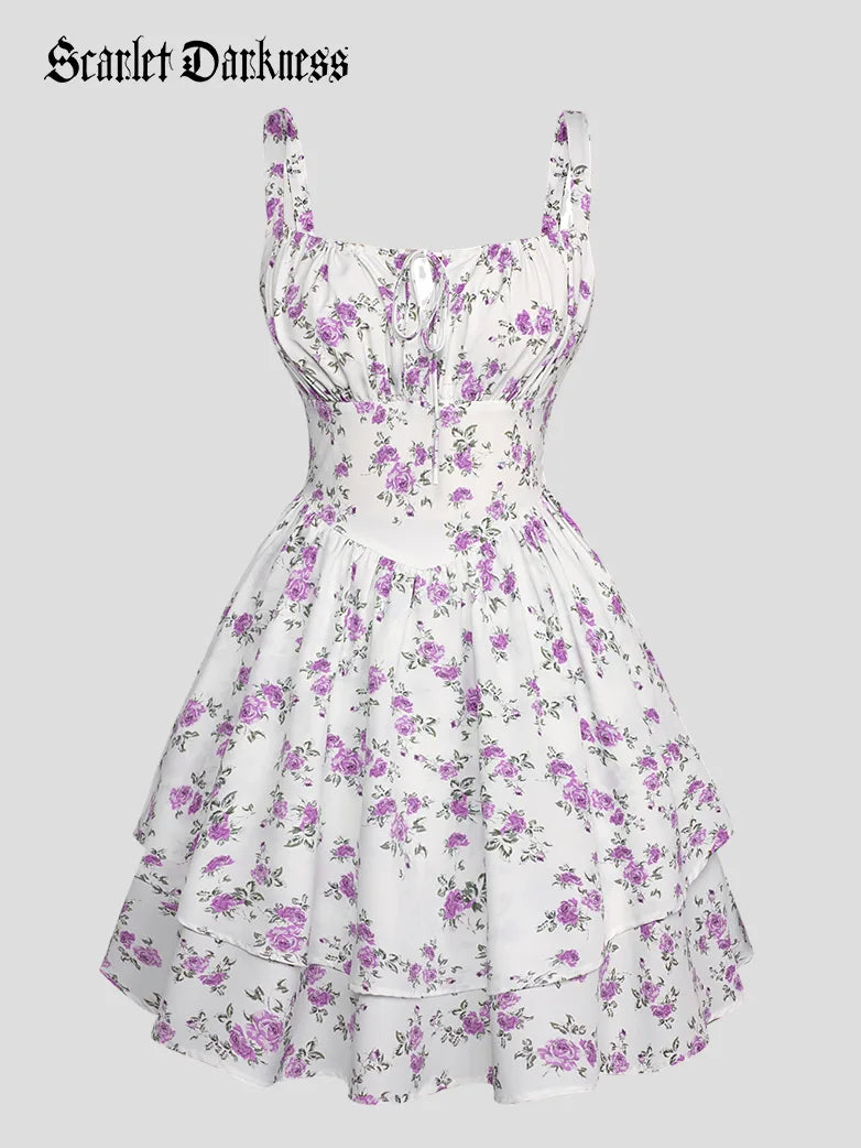 Women Summer Floral Puffy Corset Dress