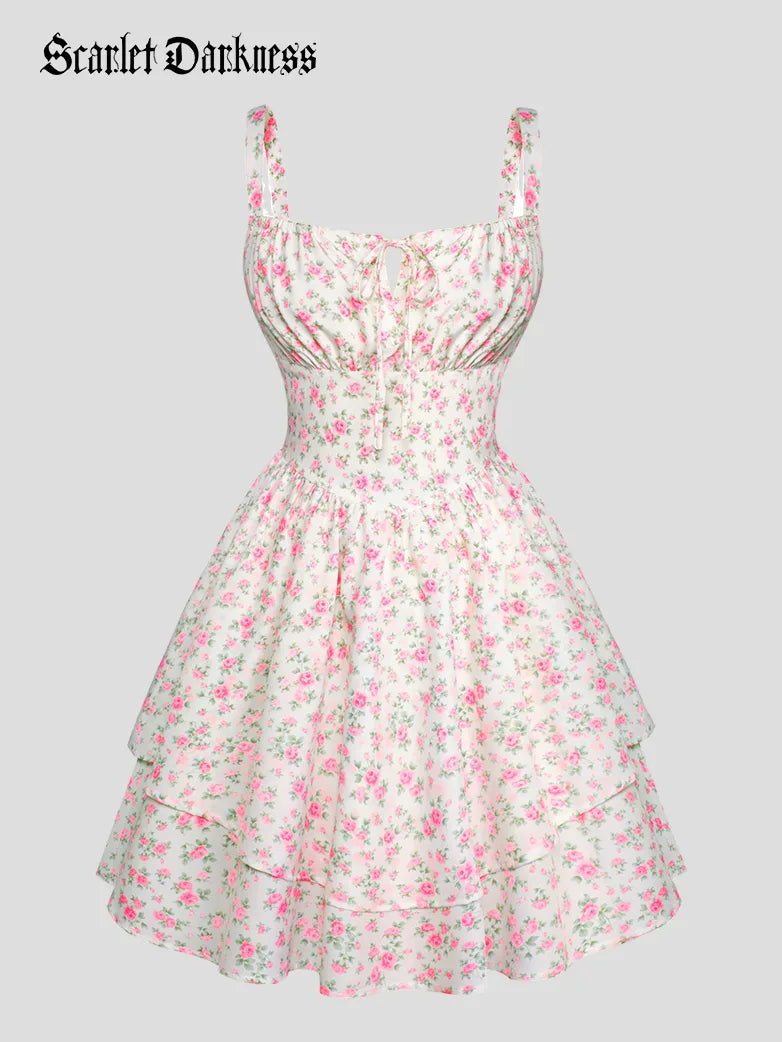 Women Summer Floral Puffy Corset Dress