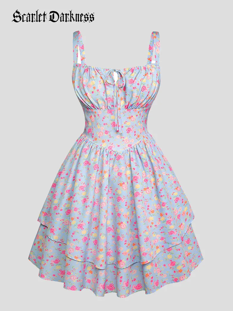 Women Summer Floral Puffy Corset Dress