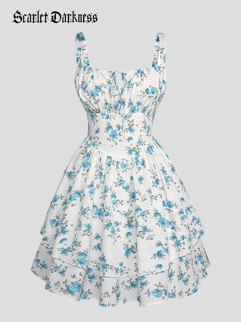 Women Summer Floral Puffy Corset Dress